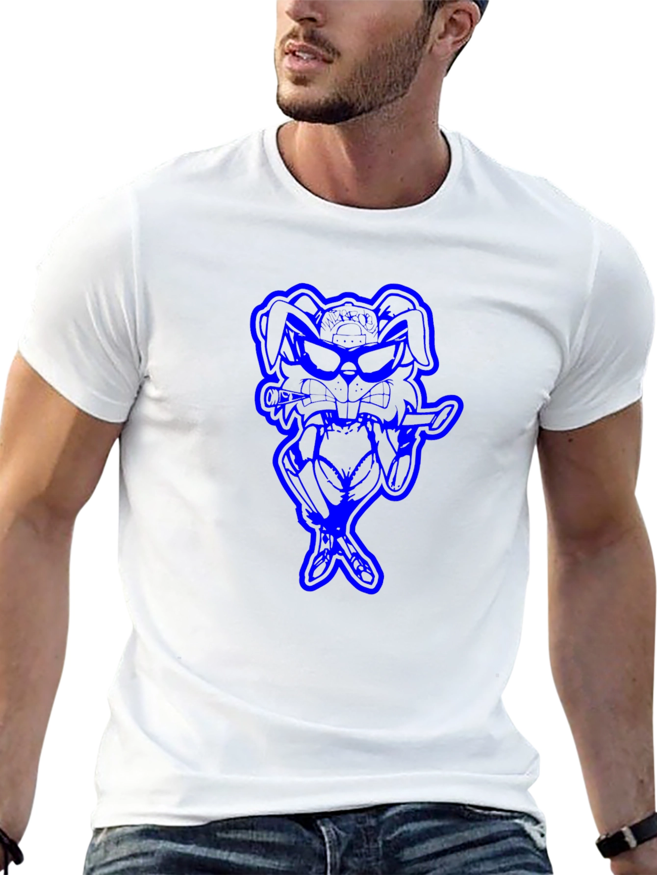 Cool Blue Bunny Graphic Black T-Shirt