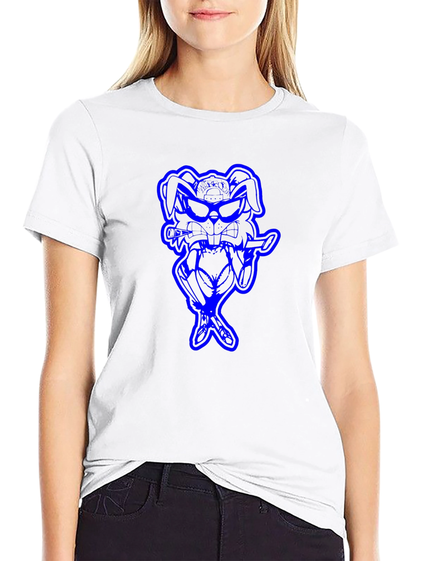 Cool Blue Bunny Graphic Black T-Shirt