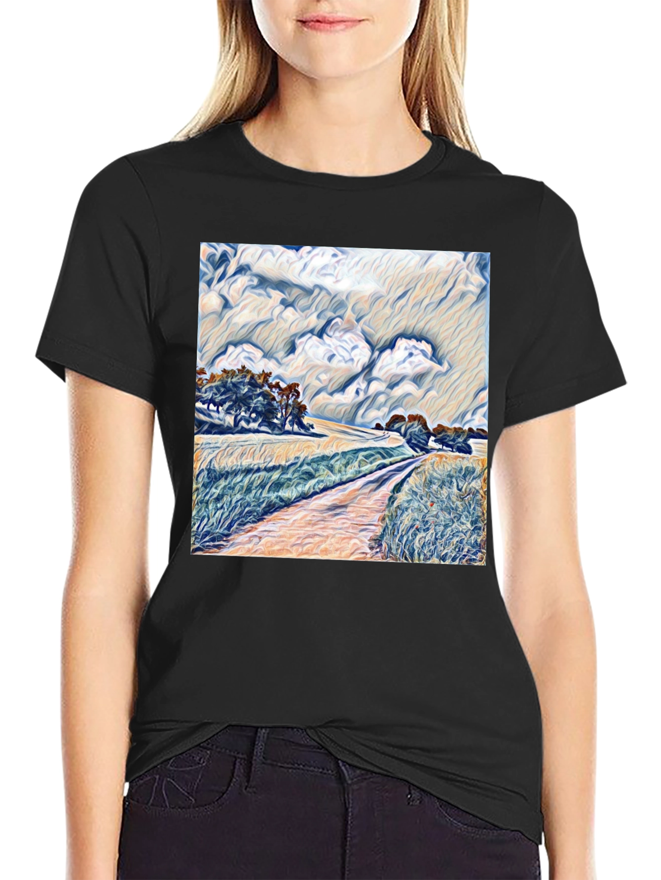 Artistic Landscape Graphic Tee - Stylish Black T-Shirt