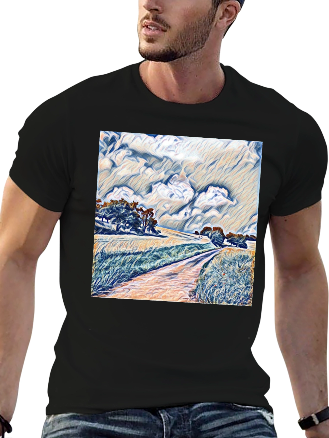 Artistic Landscape Graphic Tee - Stylish Black T-Shirt
