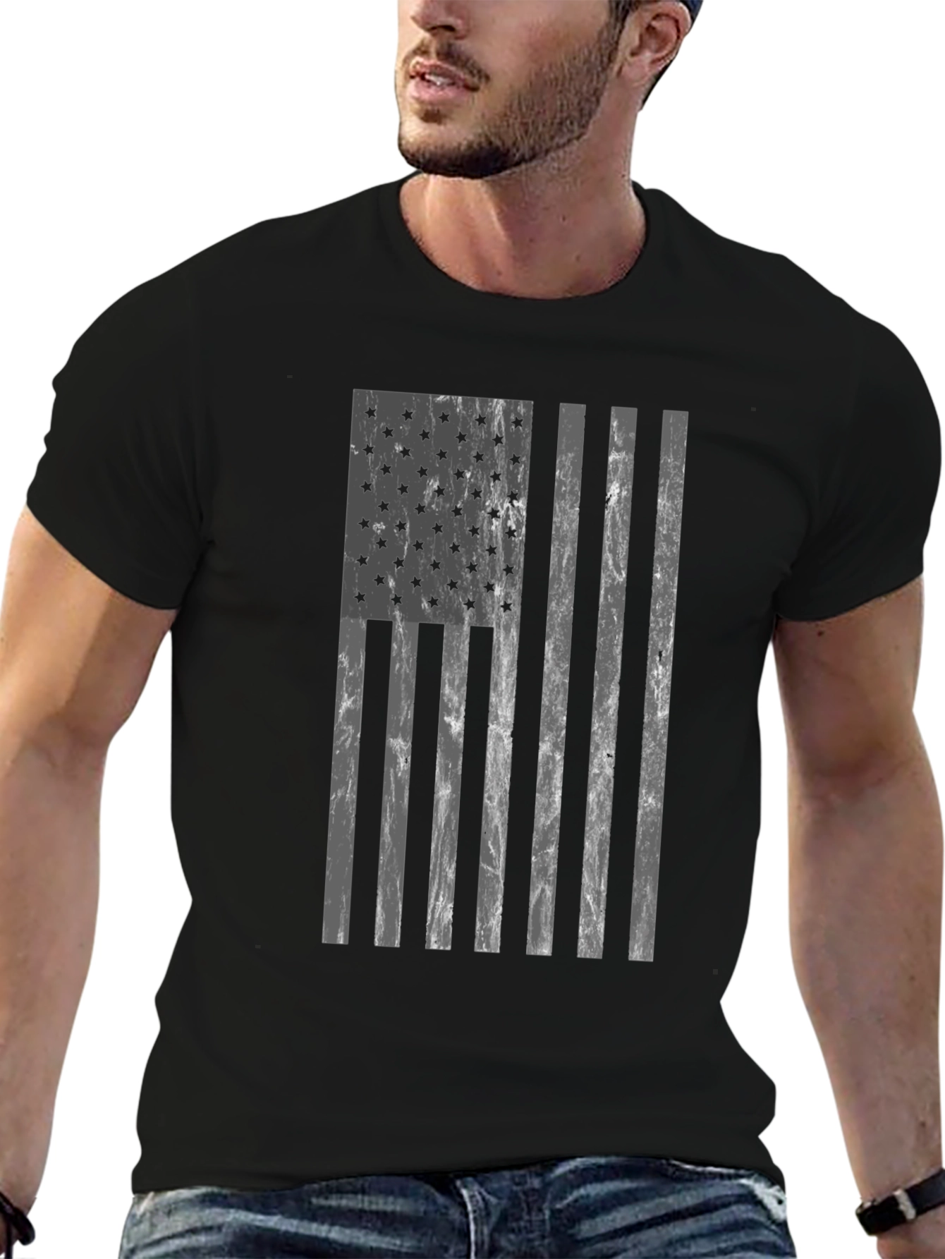 Distressed American Flag Graphic Tee - Black