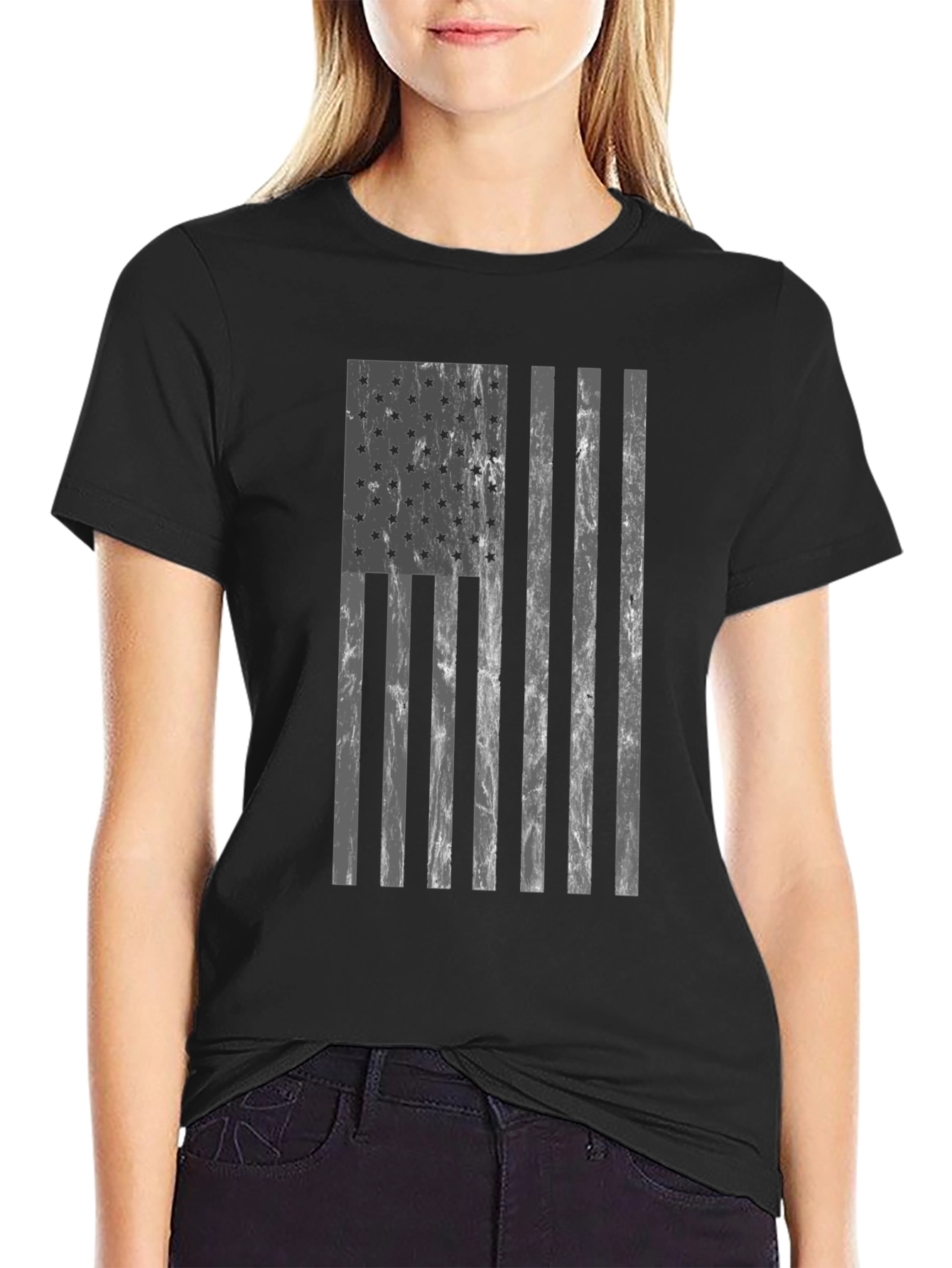 Distressed American Flag Graphic Tee - Black