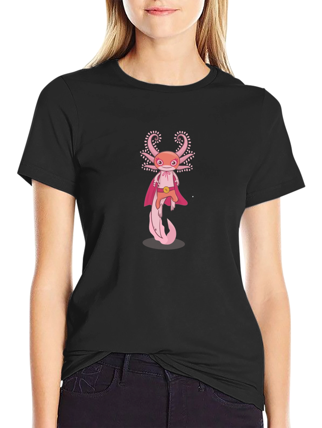 Axolotl Superhero Graphic Tee - Black Cotton T-Shirt
