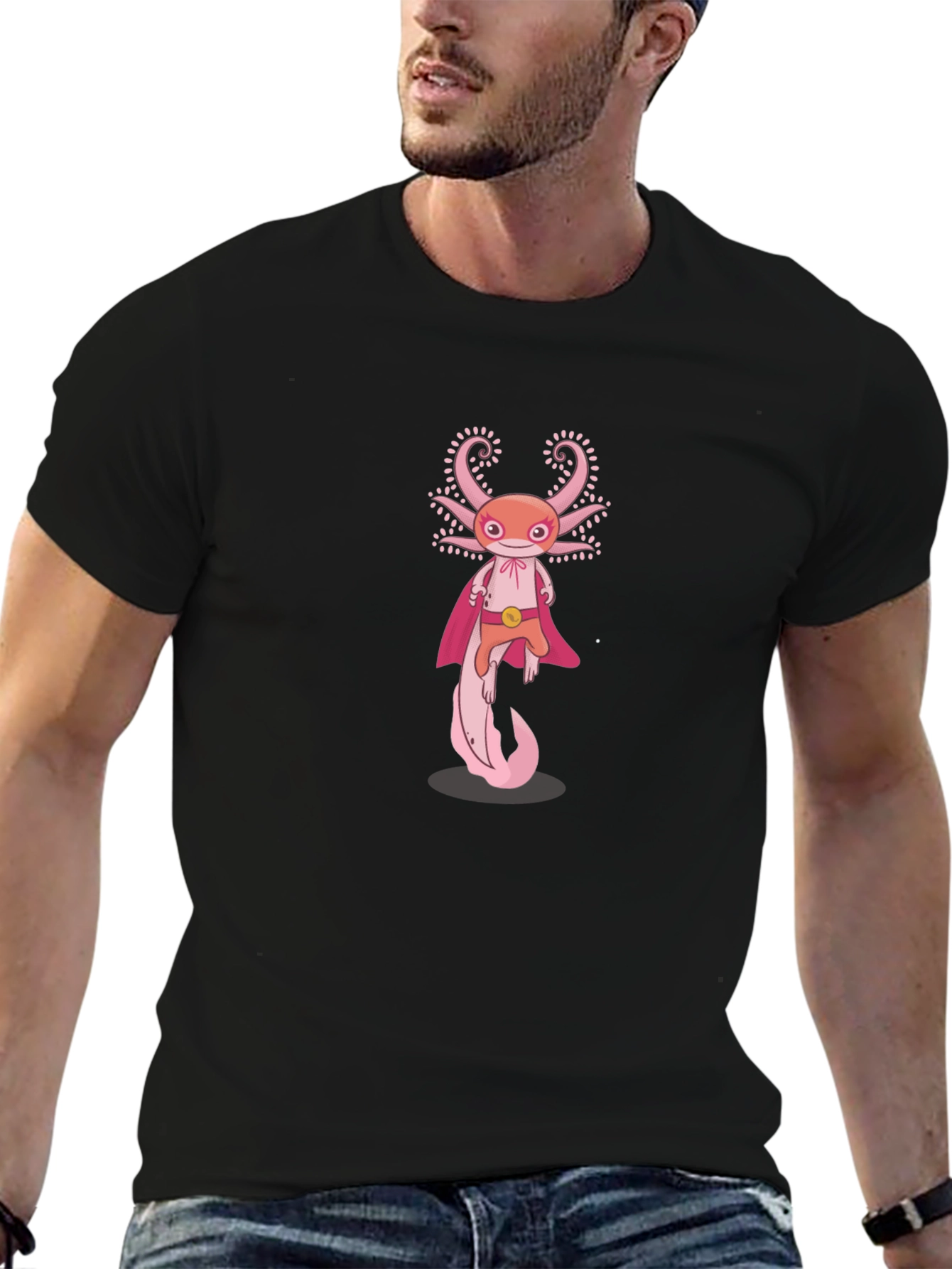 Axolotl Superhero Graphic Tee - Black Cotton T-Shirt
