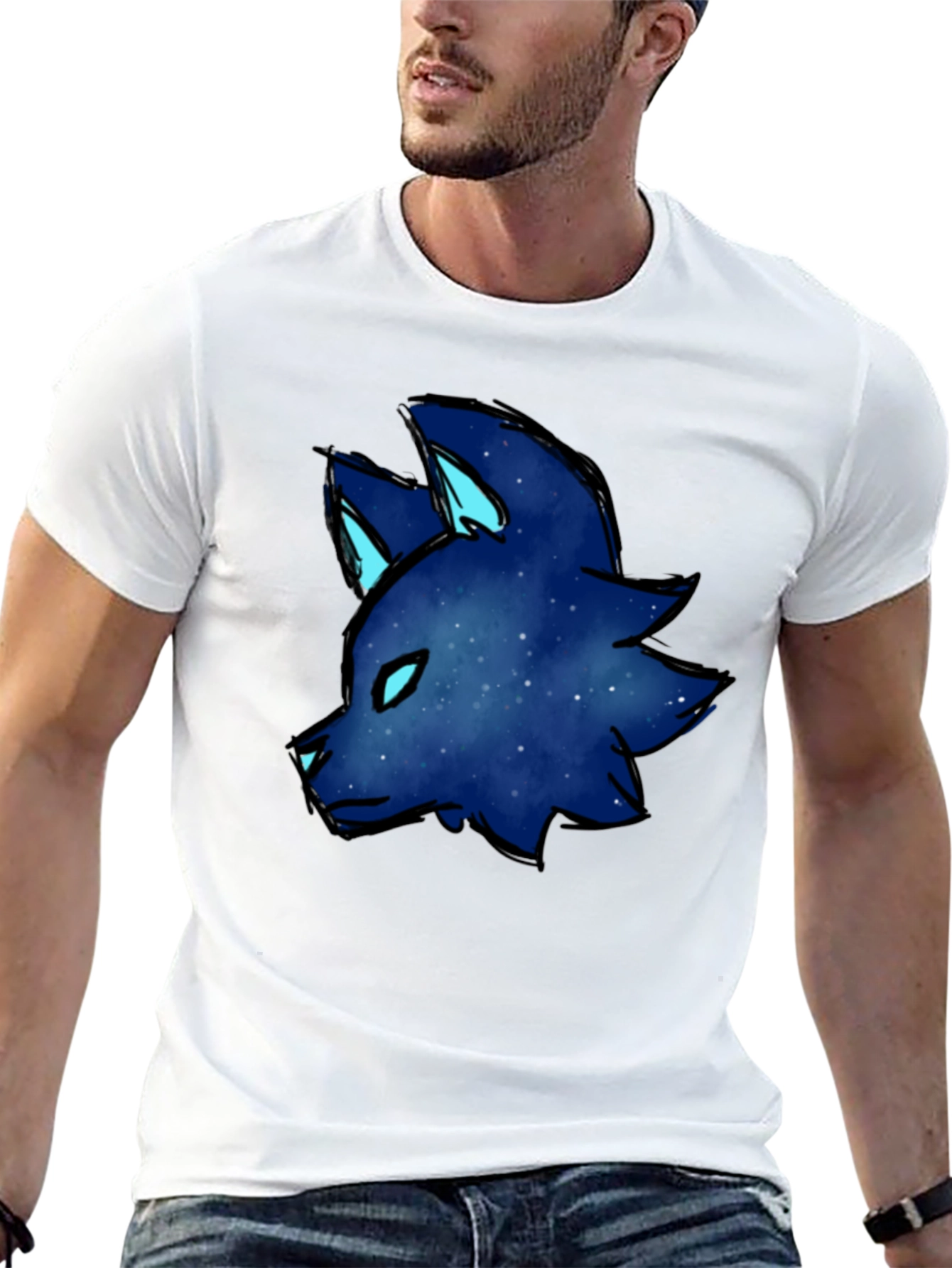 Galaxy Wolf Head Graphic Tee - Black Cotton Blend