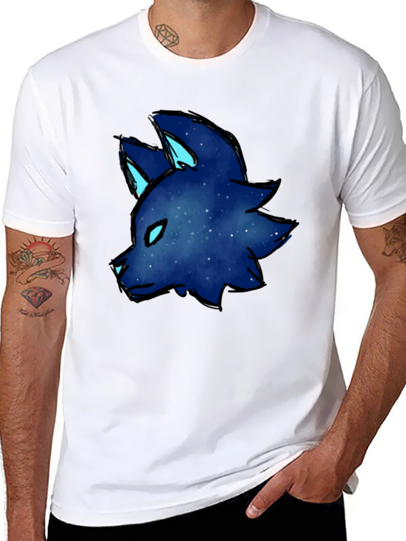 Galaxy Wolf Head Graphic Tee - Black Cotton Blend