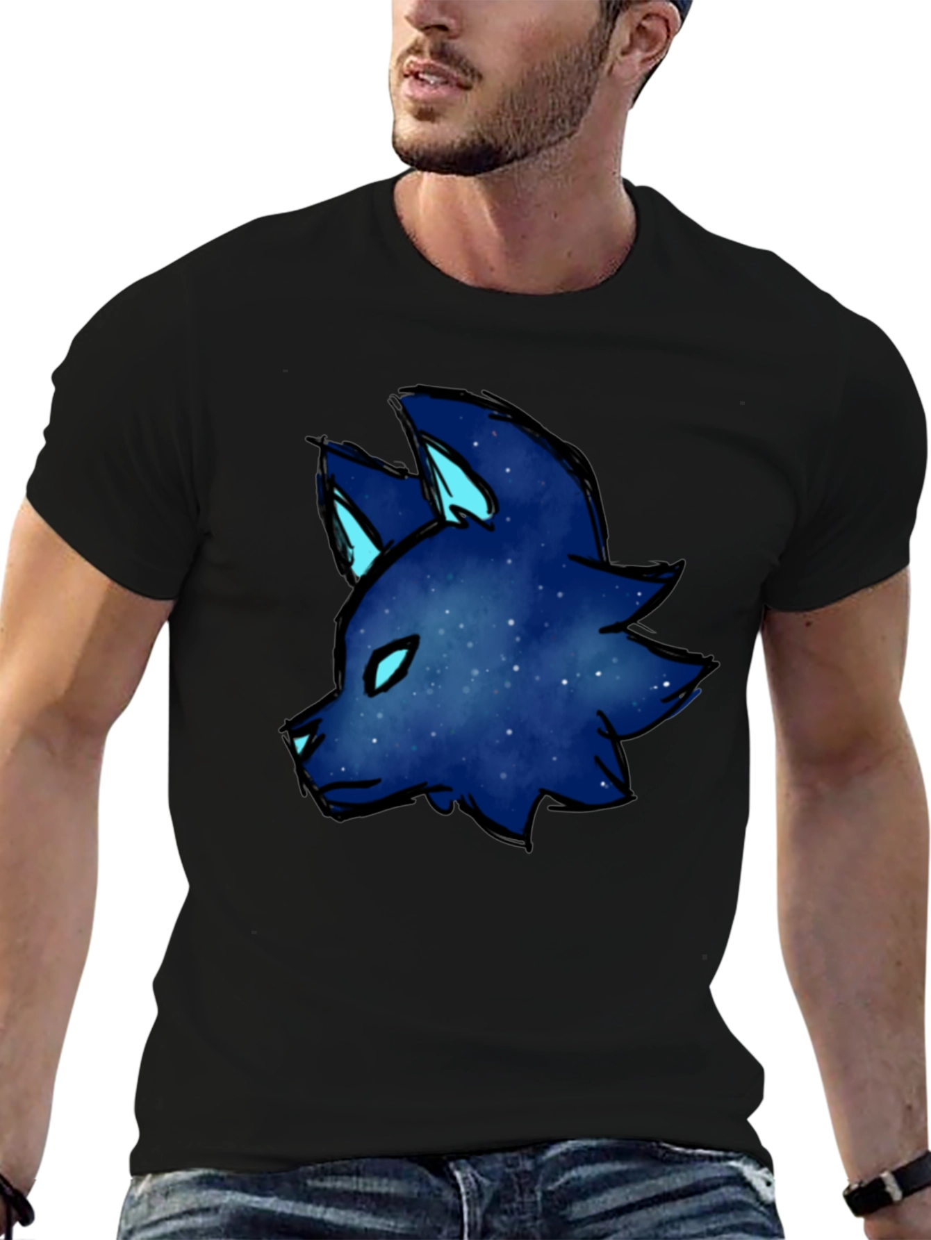 Galaxy Wolf Head Graphic Tee - Black Cotton Blend