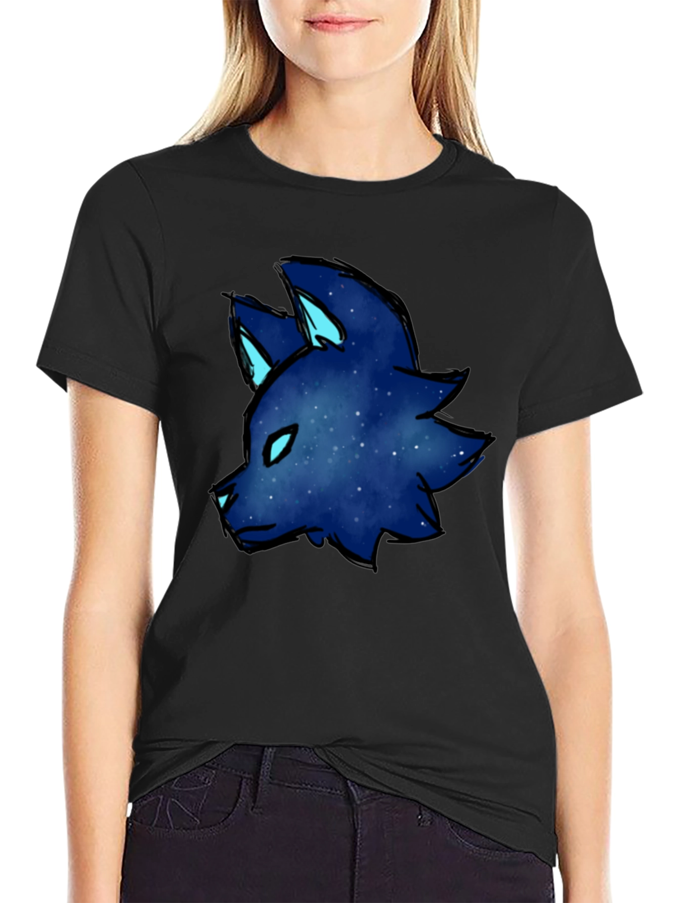 Galaxy Wolf Head Graphic Tee - Black Cotton Blend