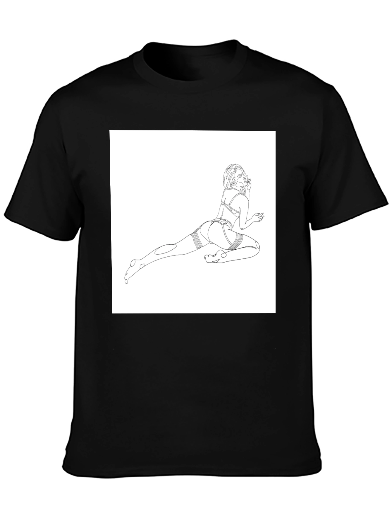 Line Art Graphic Tee - Black Cotton Casual T-Shirt