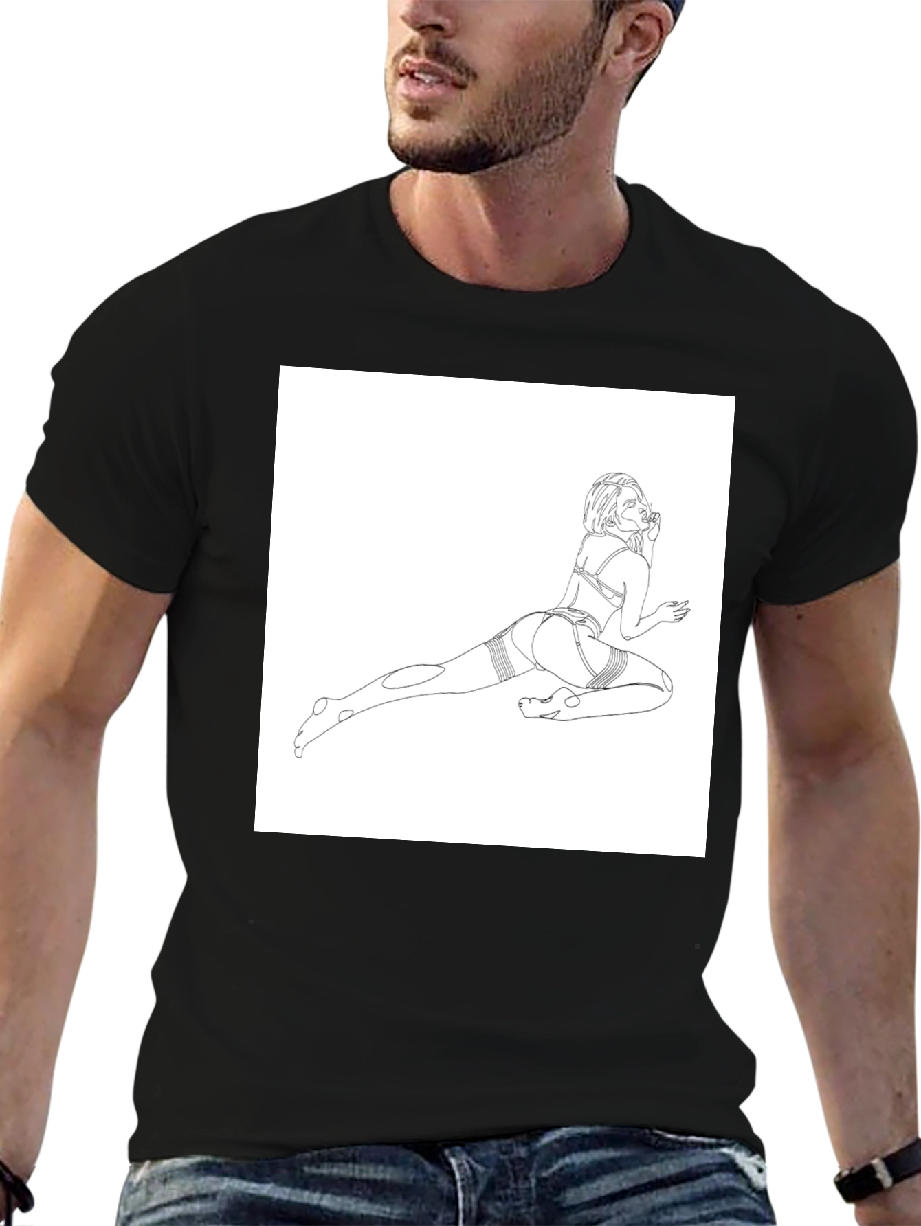 Line Art Graphic Tee - Black Cotton Casual T-Shirt