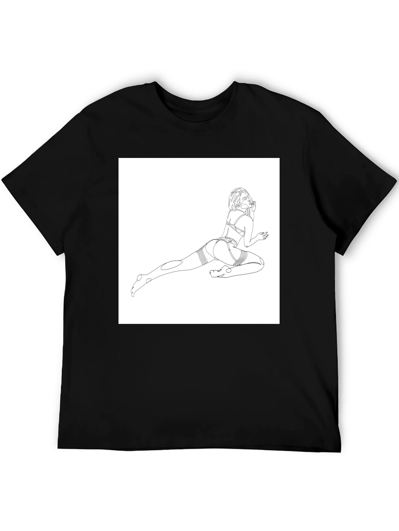 Line Art Graphic Tee - Black Cotton Casual T-Shirt