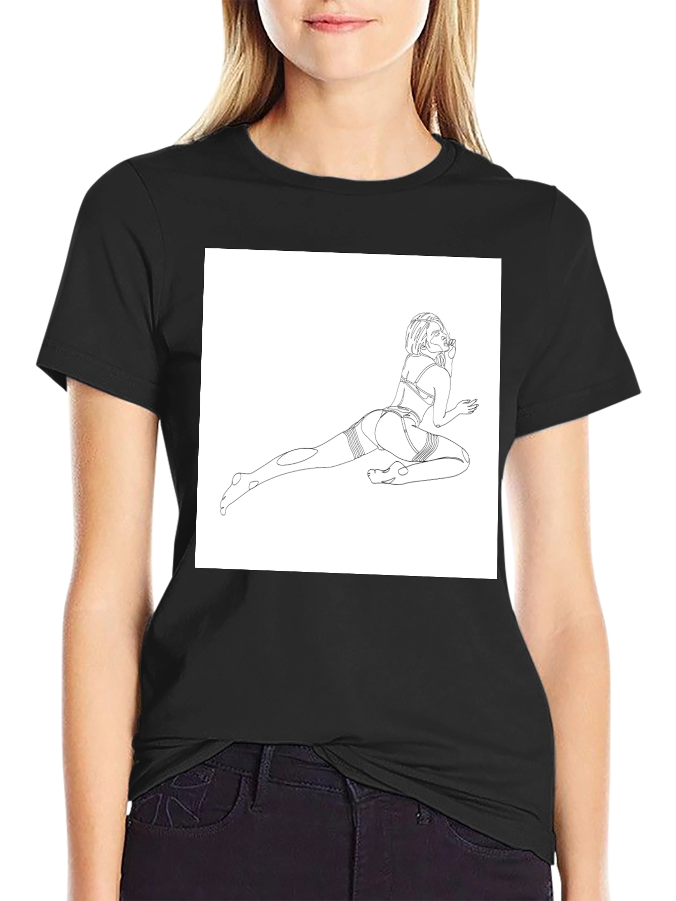 Line Art Graphic Tee - Black Cotton Casual T-Shirt