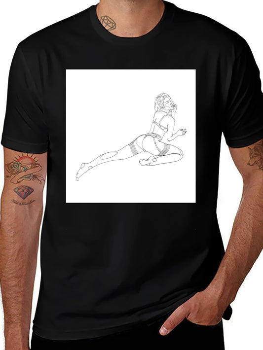 Line Art Graphic Tee - Black Cotton Casual T-Shirt