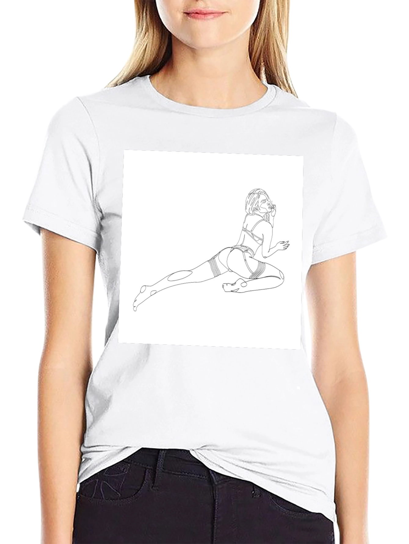 Line Art Graphic Tee - Black Cotton Casual T-Shirt