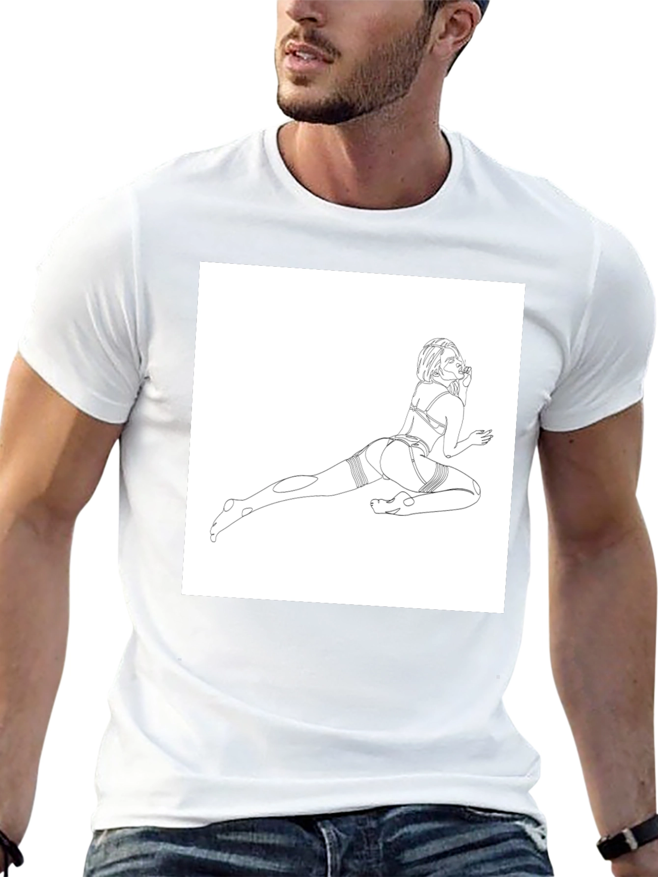 Line Art Graphic Tee - Black Cotton Casual T-Shirt