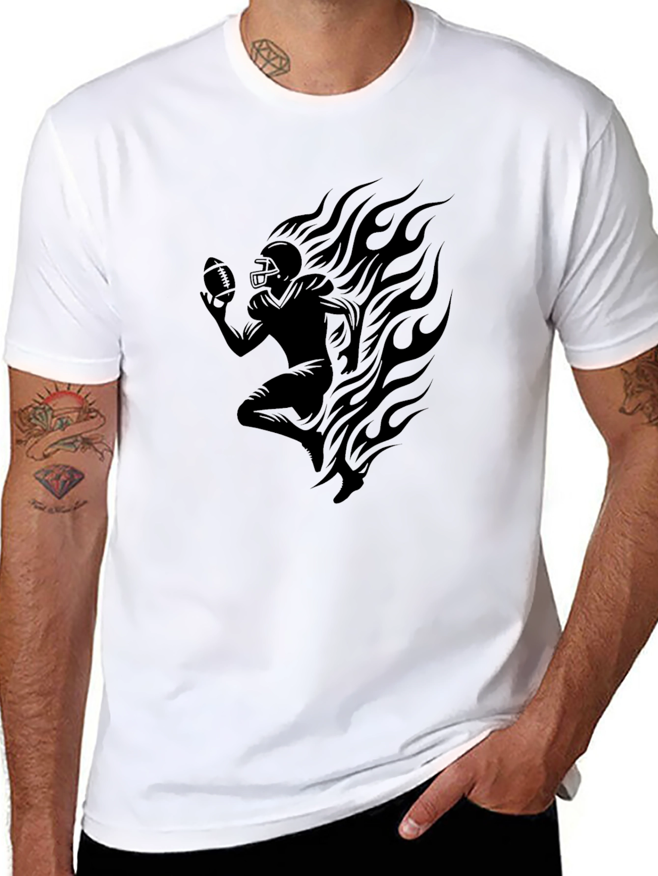 Flaming Football Player Graphic T-Shirt
