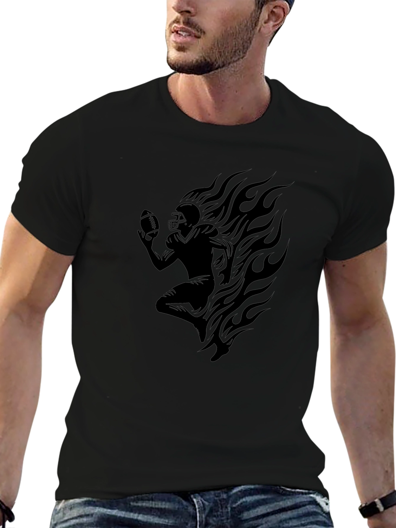 Flaming Football Player Graphic T-Shirt