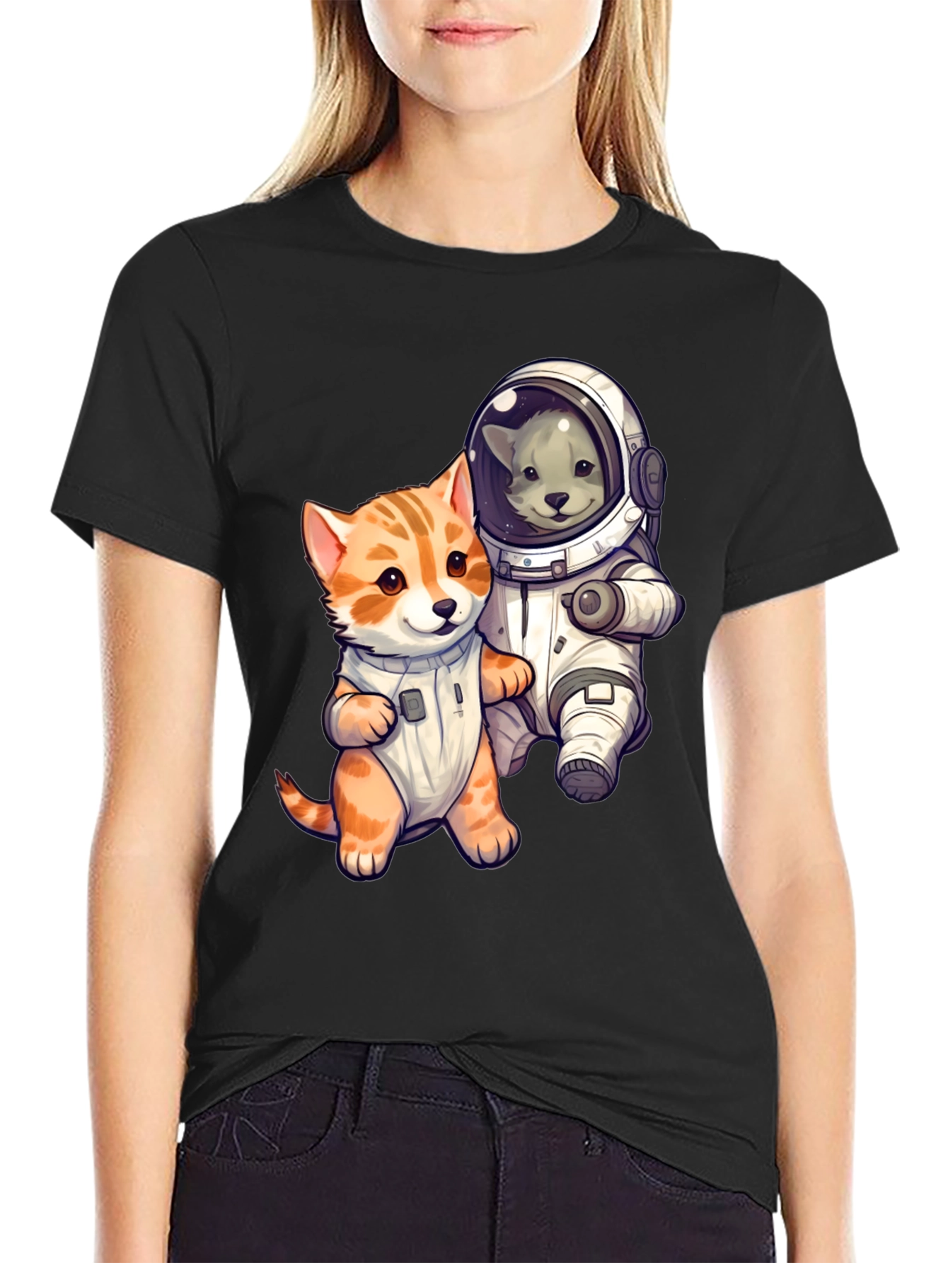 Cute Cats in Space Black T-Shirt