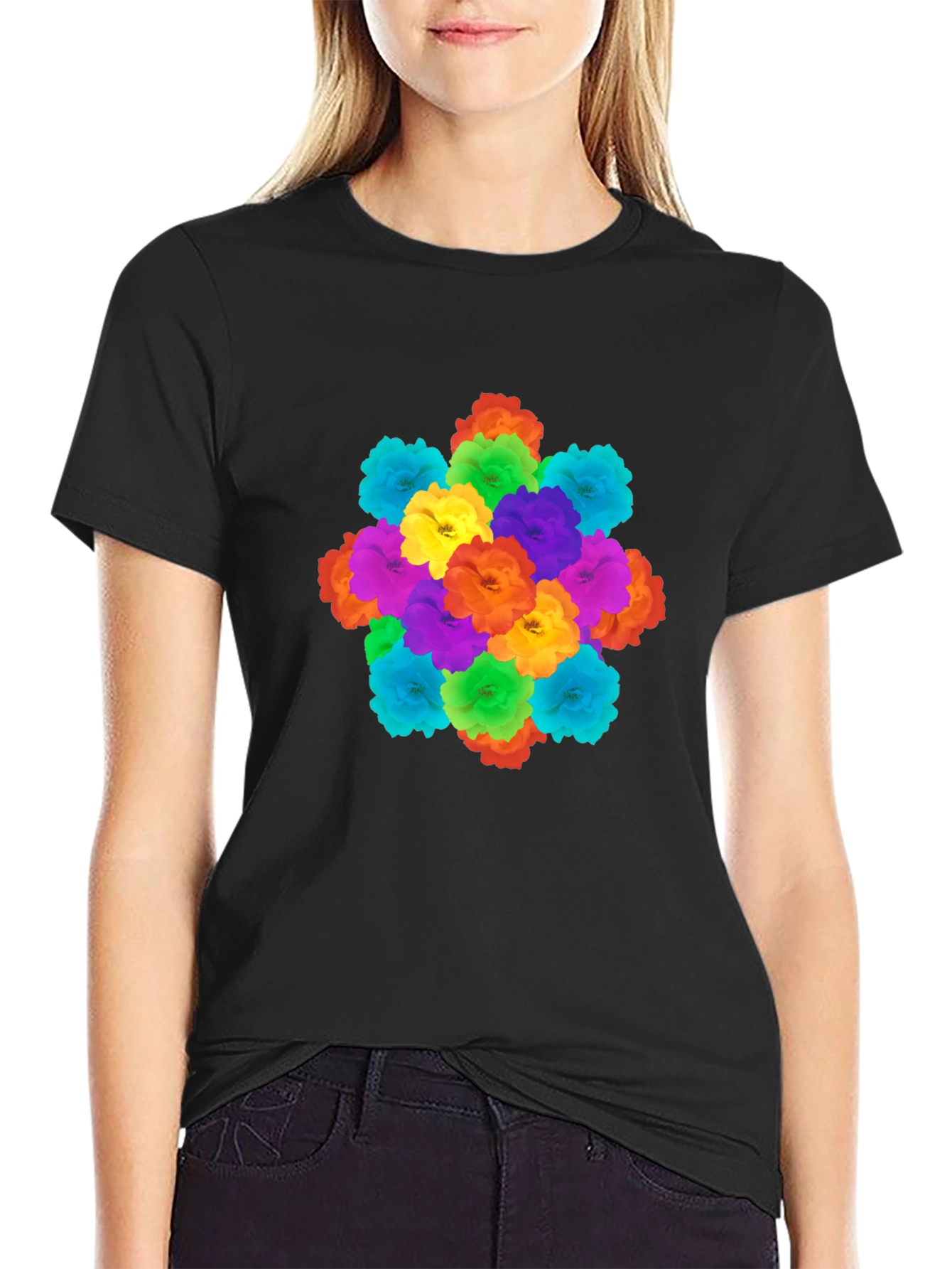 Vibrant Floral Print Black T-Shirt