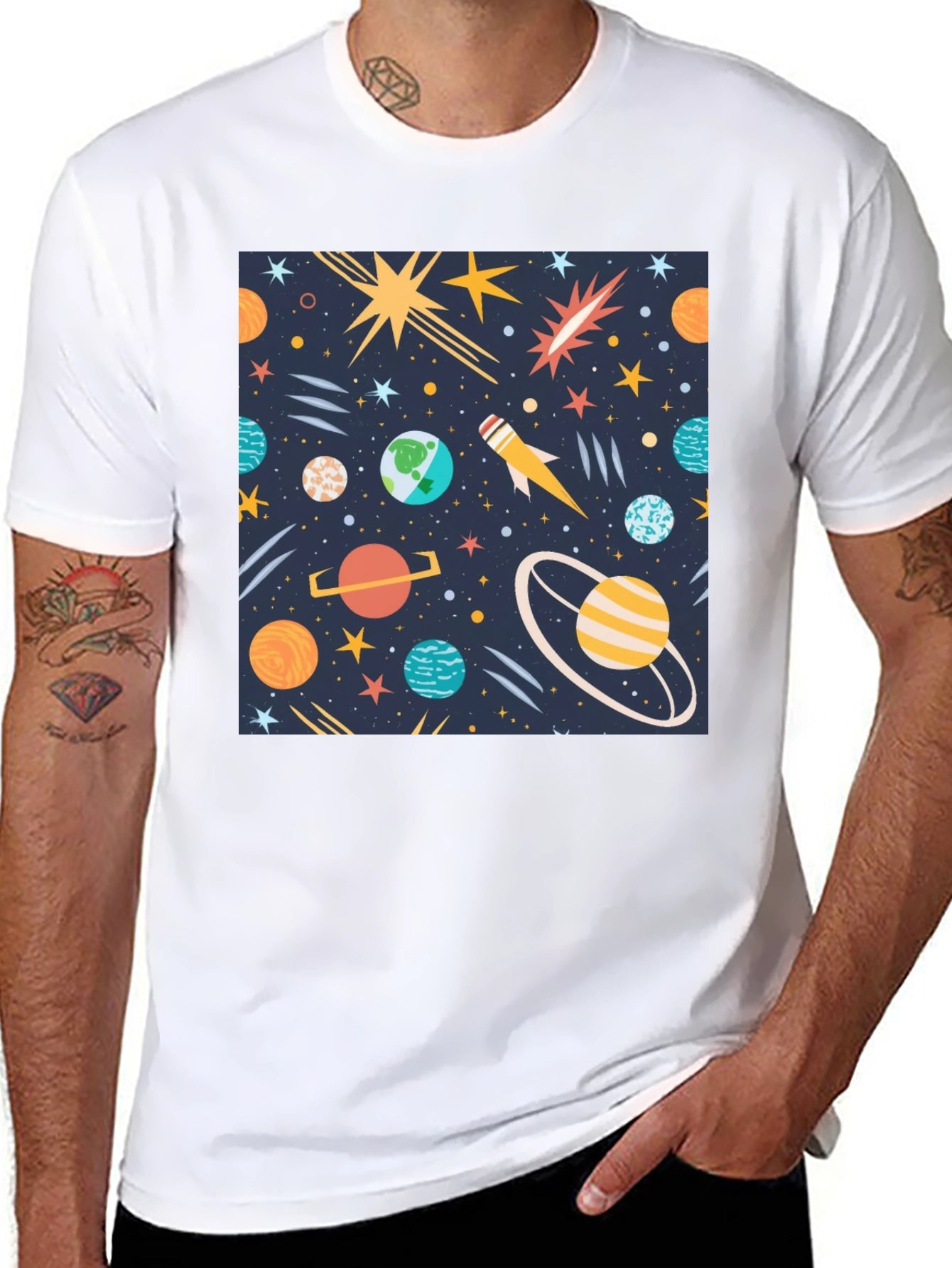 Space Print T-Shirt - Planets Stars Rocket