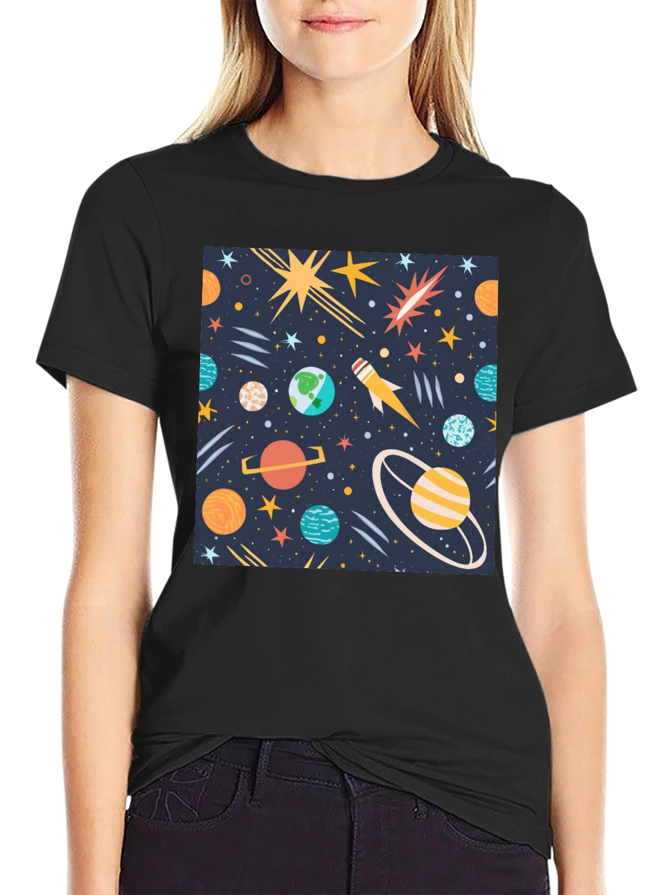 Space Print T-Shirt - Planets Stars Rocket