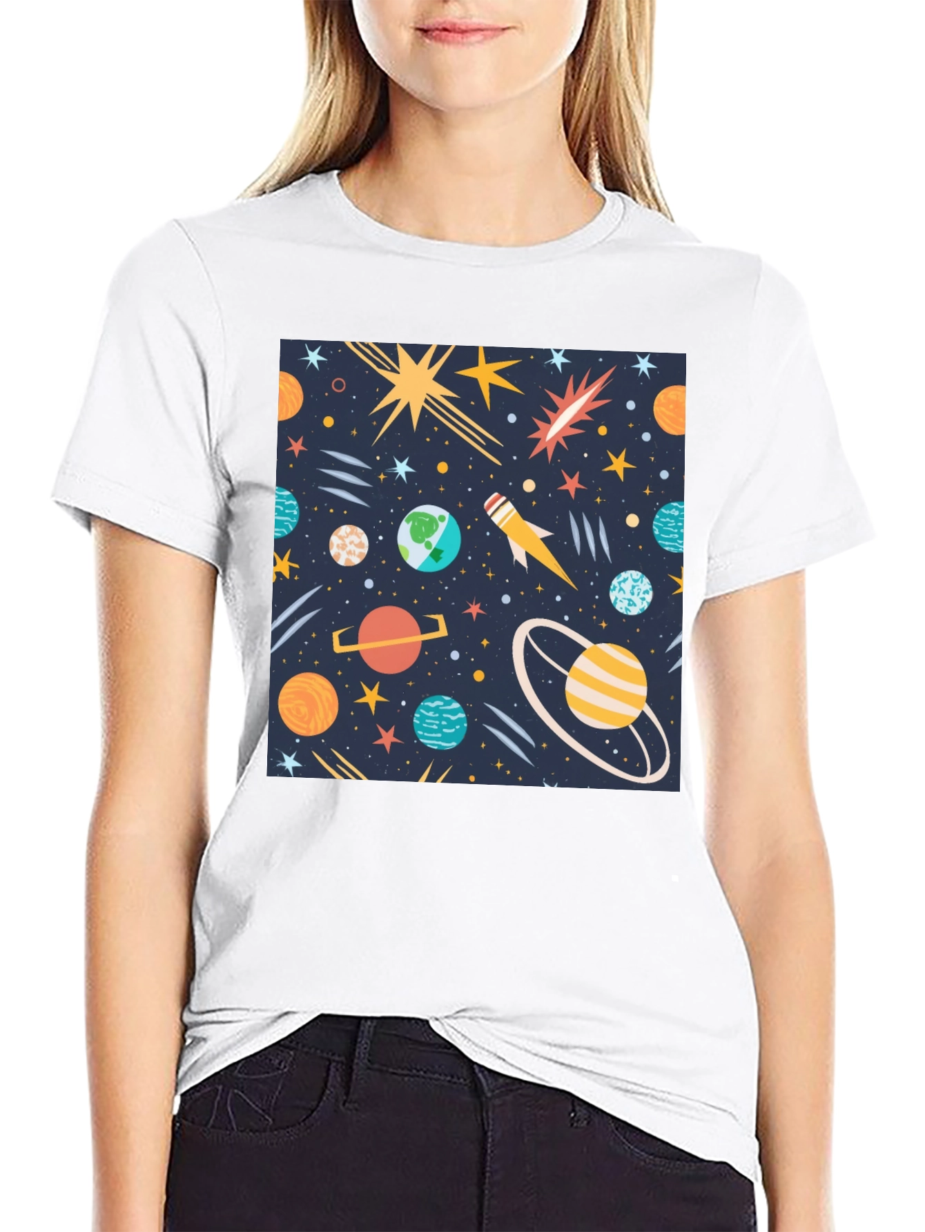 Space Print T-Shirt - Planets Stars Rocket