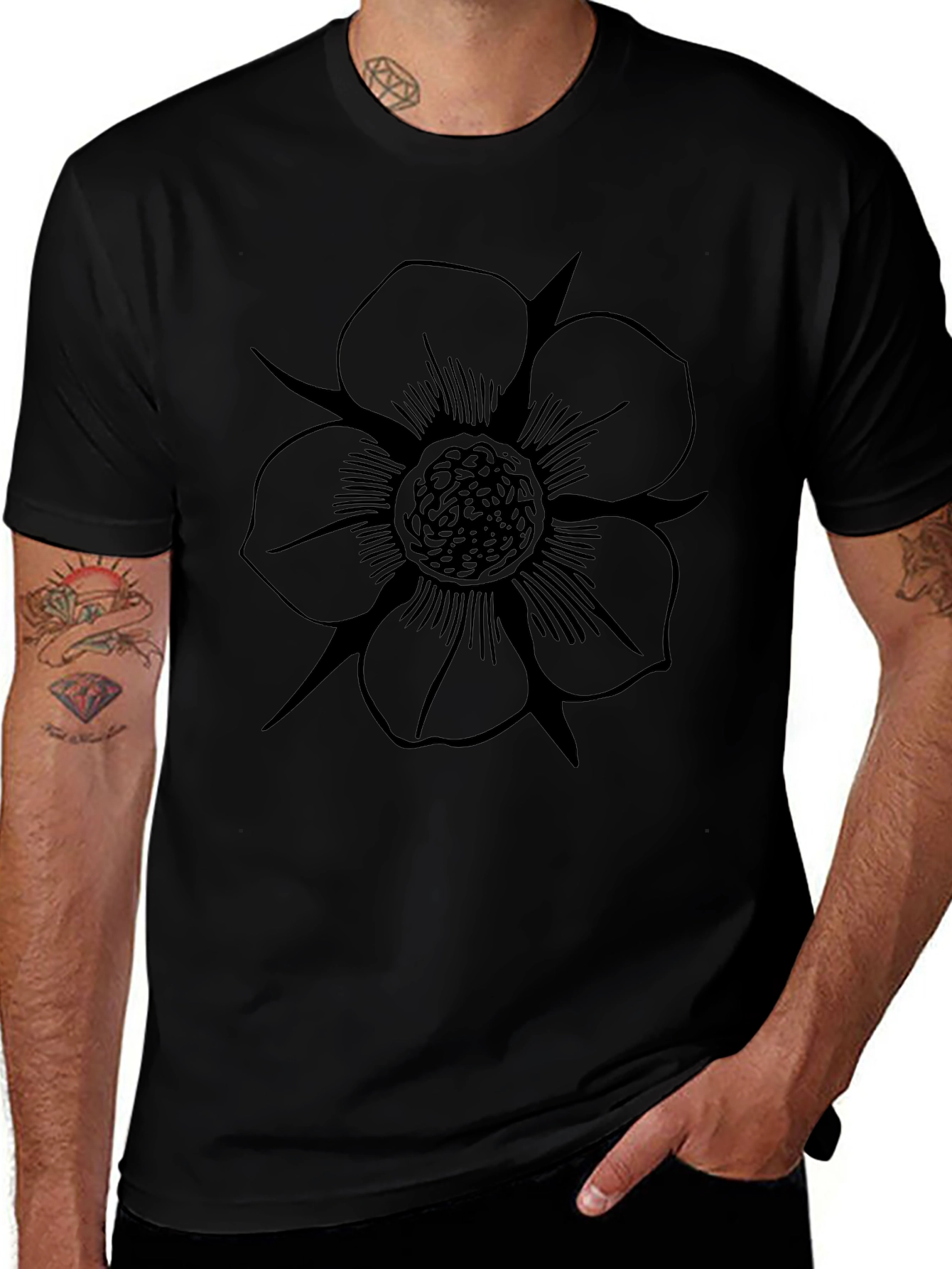 Mens Black T-Shirt with Floral Print